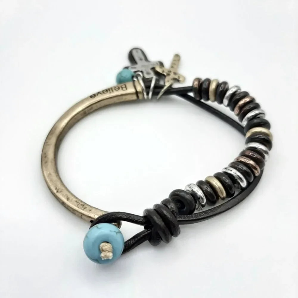 Cross Believe Cord Beaded Mixed Metas Bracelet New - Picture 2 of 3